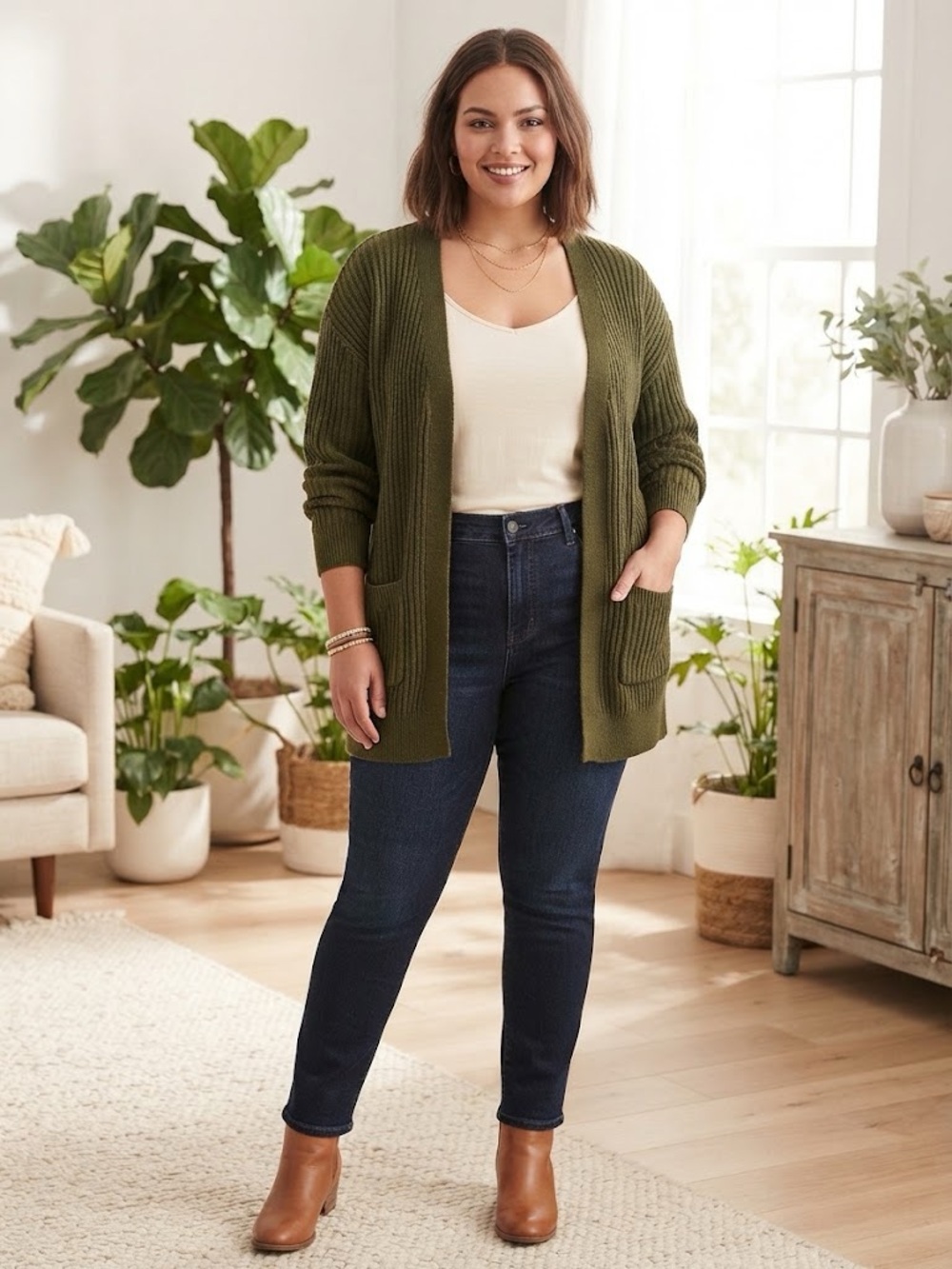 SHEIN Olive Green Ribbed Open-Front Cardigan